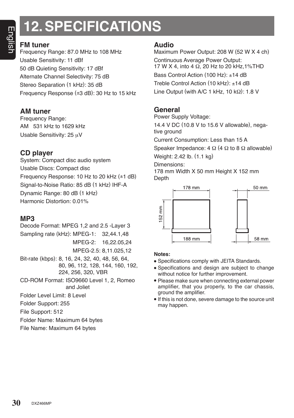 Specifications, 30 english | Clarion DXZ466MP User Manual | Page 30 / 31