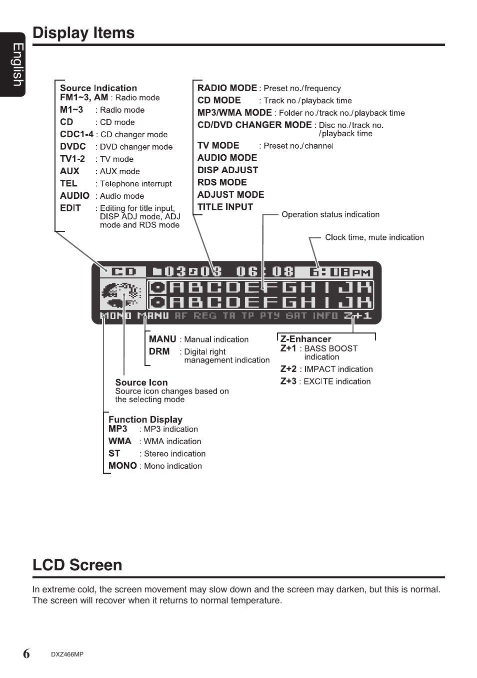 Display items, Lcd screen, Display items lcd screen | 6english | Clarion DXZ466MP User Manual | Page 6 / 31