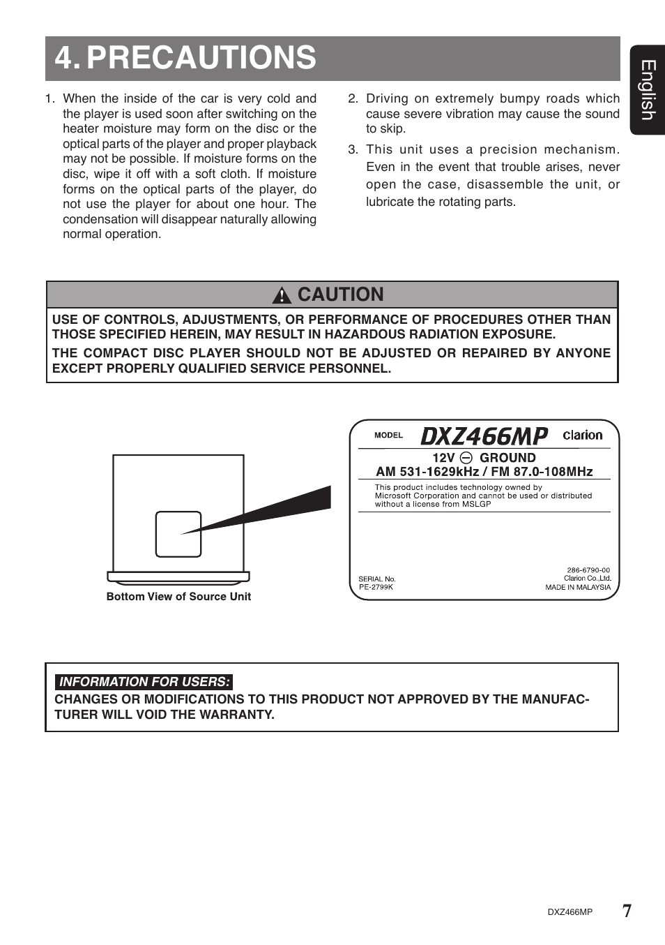 Precautions, 7english, Caution | Clarion DXZ466MP User Manual | Page 7 / 31