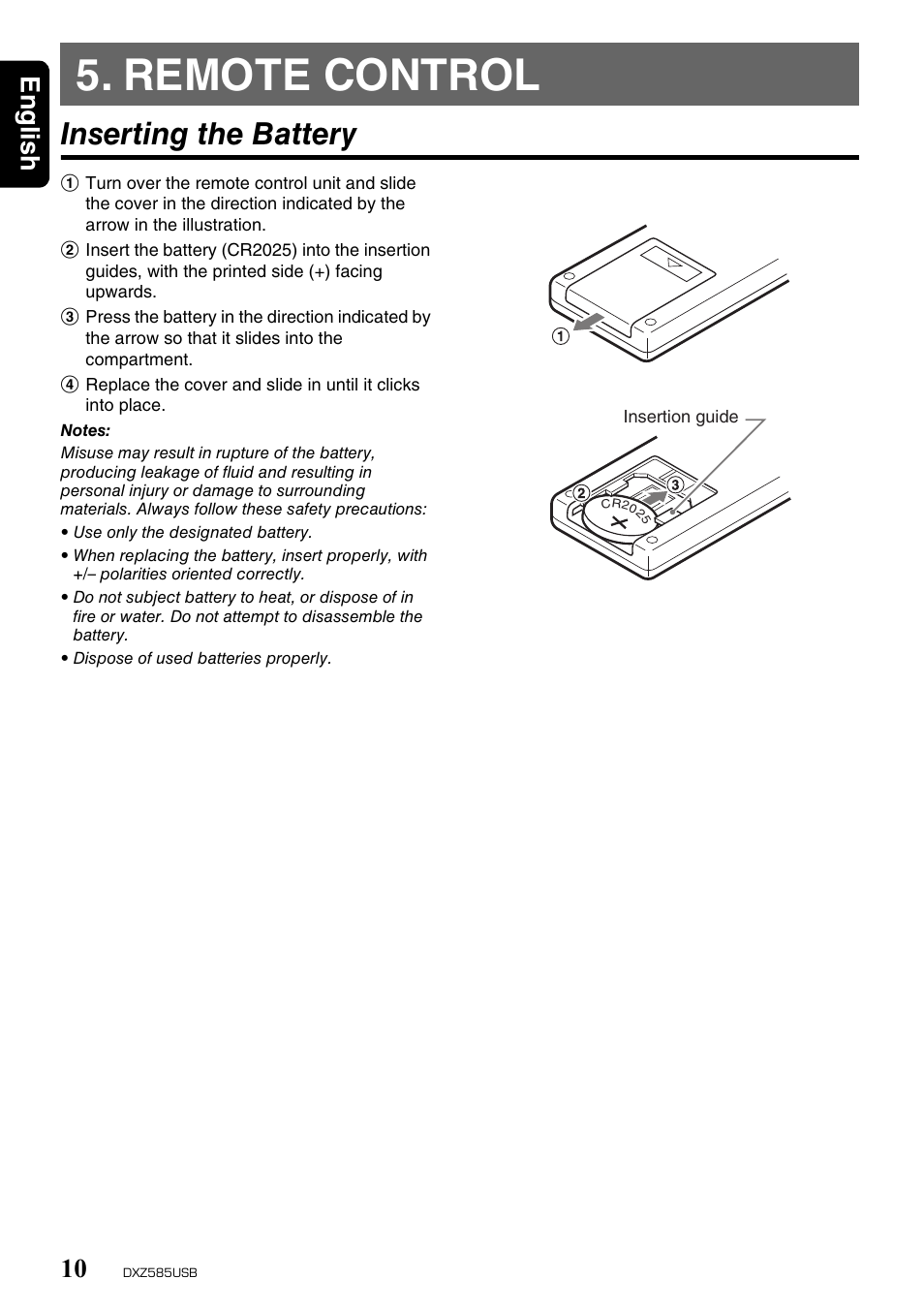 Remote control, Inserting the battery, English 10 | Clarion DXZ585USB User Manual | Page 10 / 41