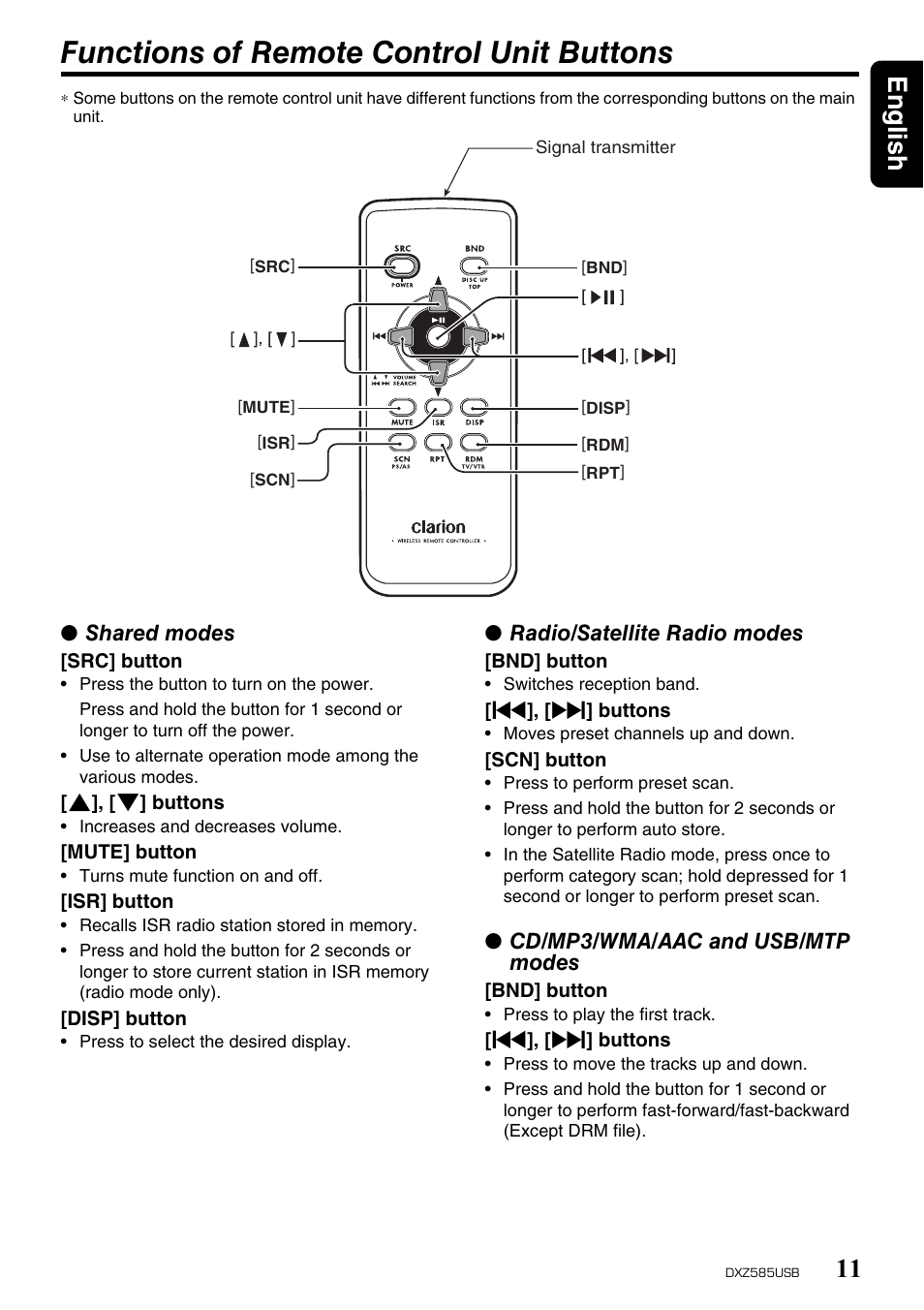 Functions of remote control unit buttons, English 11 | Clarion DXZ585USB User Manual | Page 11 / 41