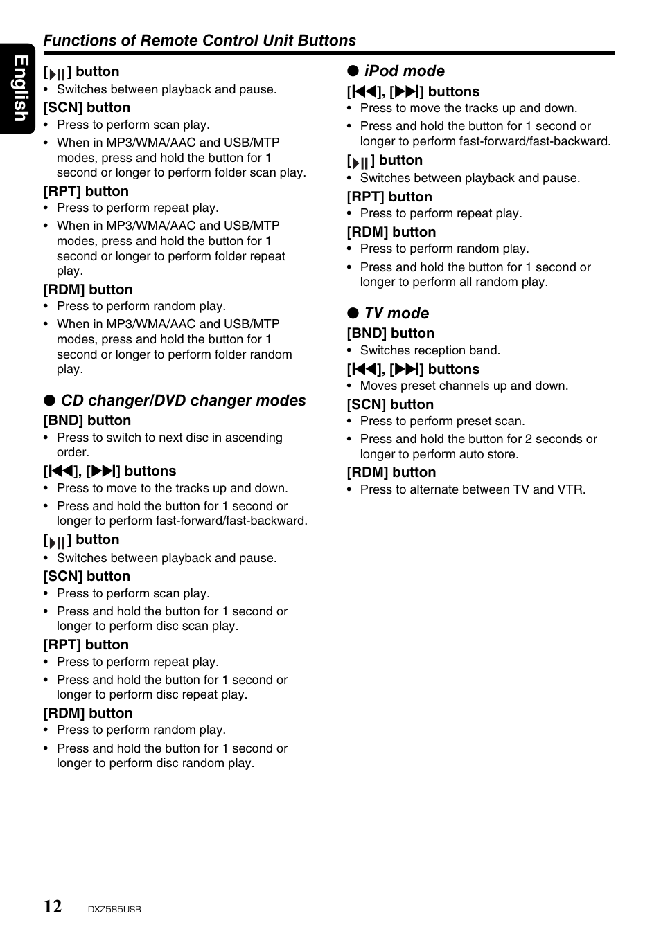 English 12 | Clarion DXZ585USB User Manual | Page 12 / 41