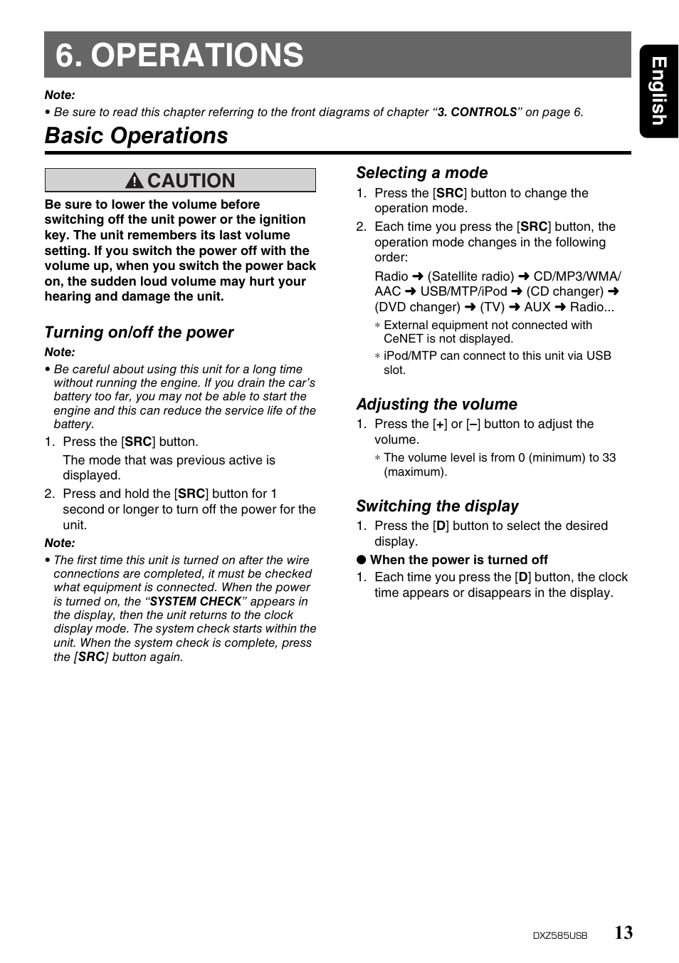 Operations, Basic operations, English 13 | Caution | Clarion DXZ585USB User Manual | Page 13 / 41