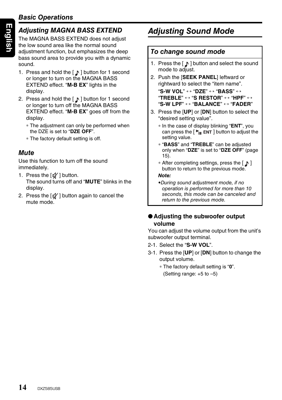 English 14, Adjusting sound mode, Basic operations | Adjusting magna bass extend, Mute | Clarion DXZ585USB User Manual | Page 14 / 41