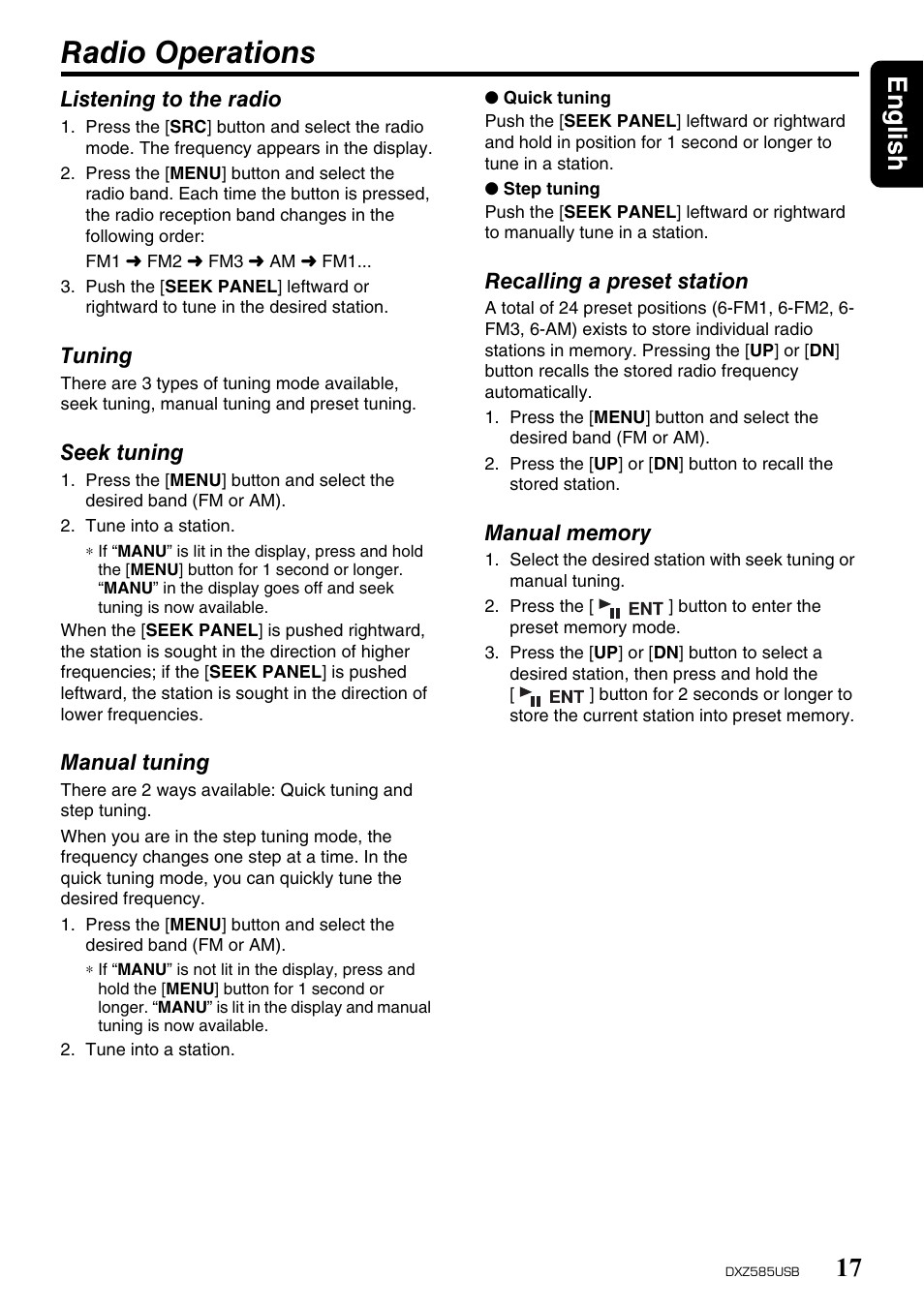 Radio operations, English 17 | Clarion DXZ585USB User Manual | Page 17 / 41