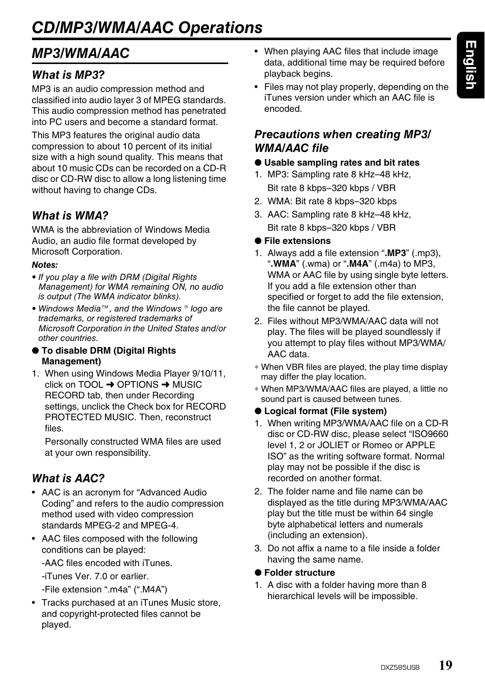 Cd/mp3/wma/aac operations, English 19, Mp3/wma/aac | Clarion DXZ585USB User Manual | Page 19 / 41