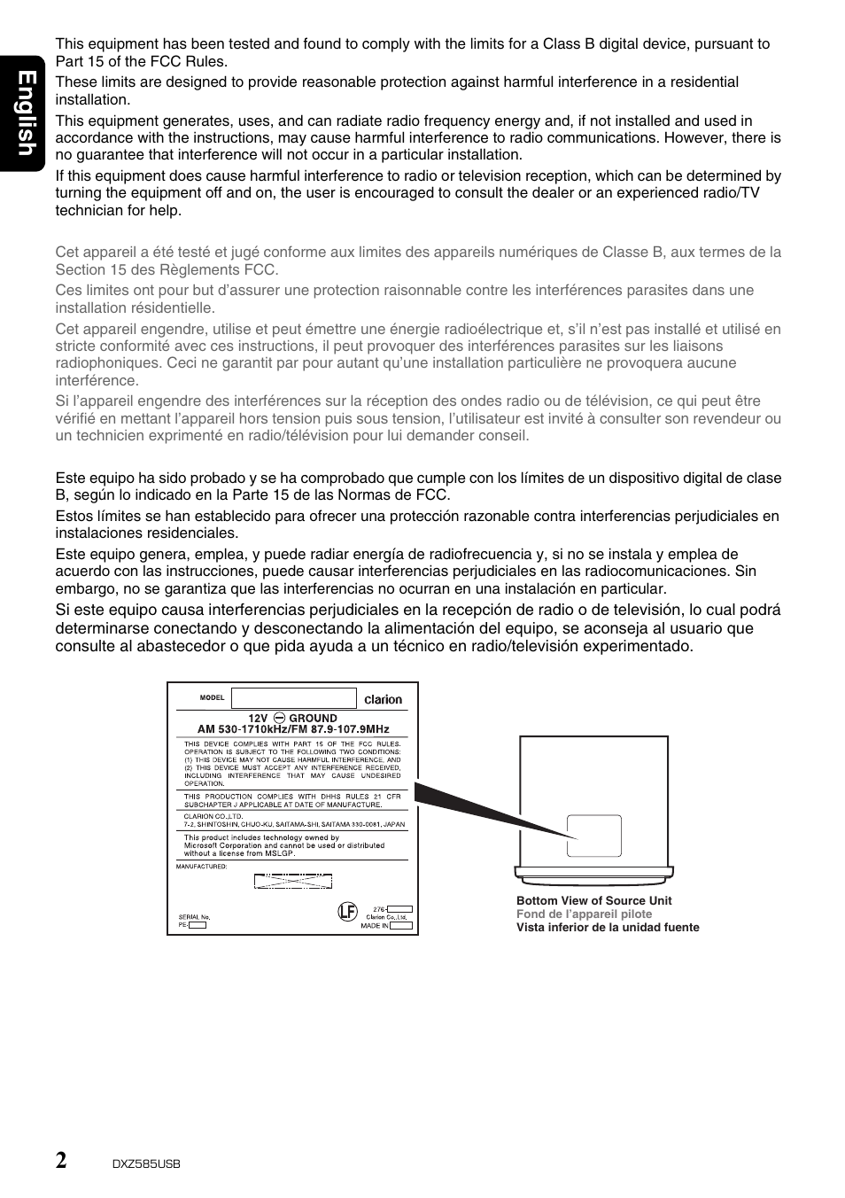 English 2 | Clarion DXZ585USB User Manual | Page 2 / 41