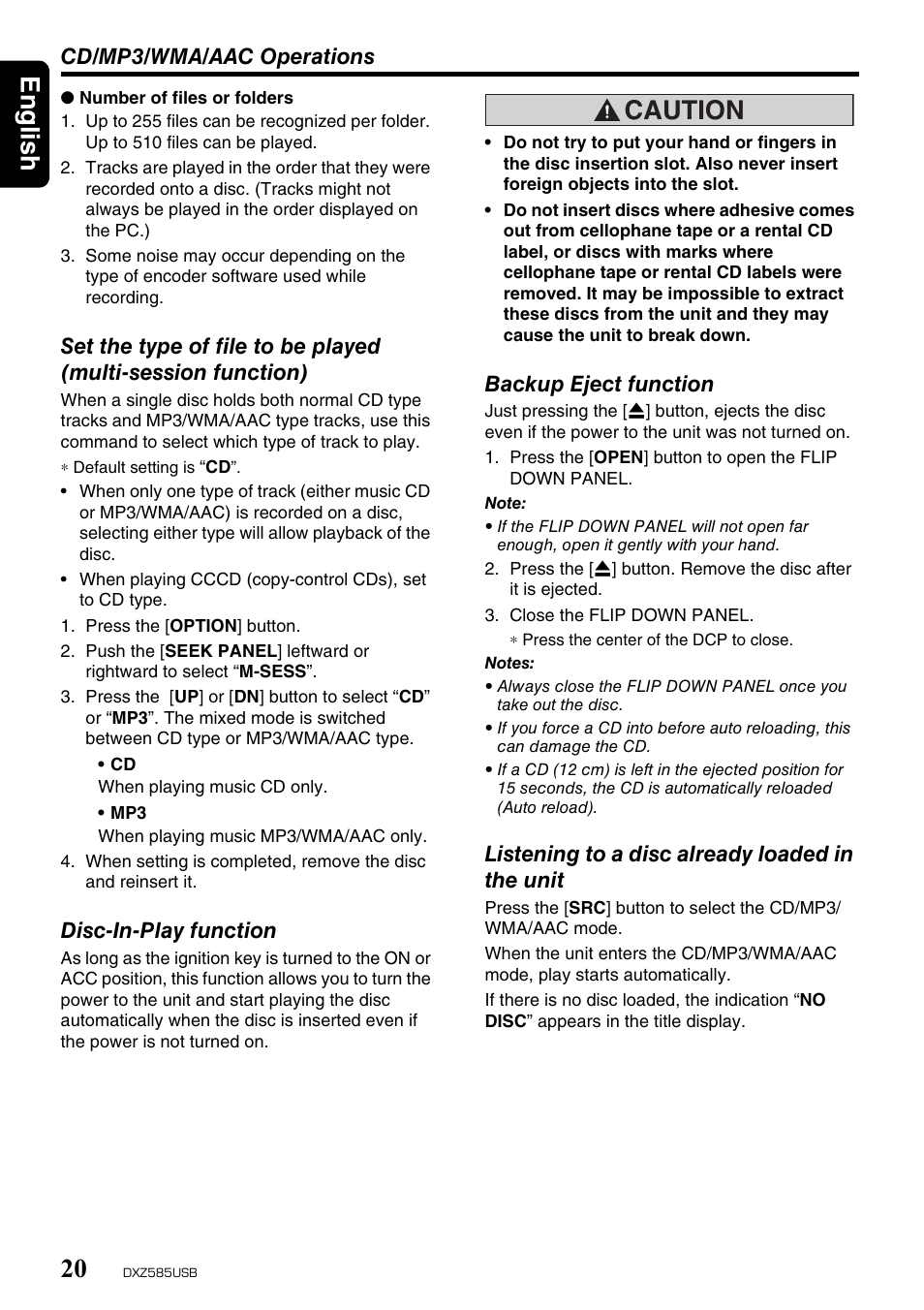 English 20, Caution | Clarion DXZ585USB User Manual | Page 20 / 41