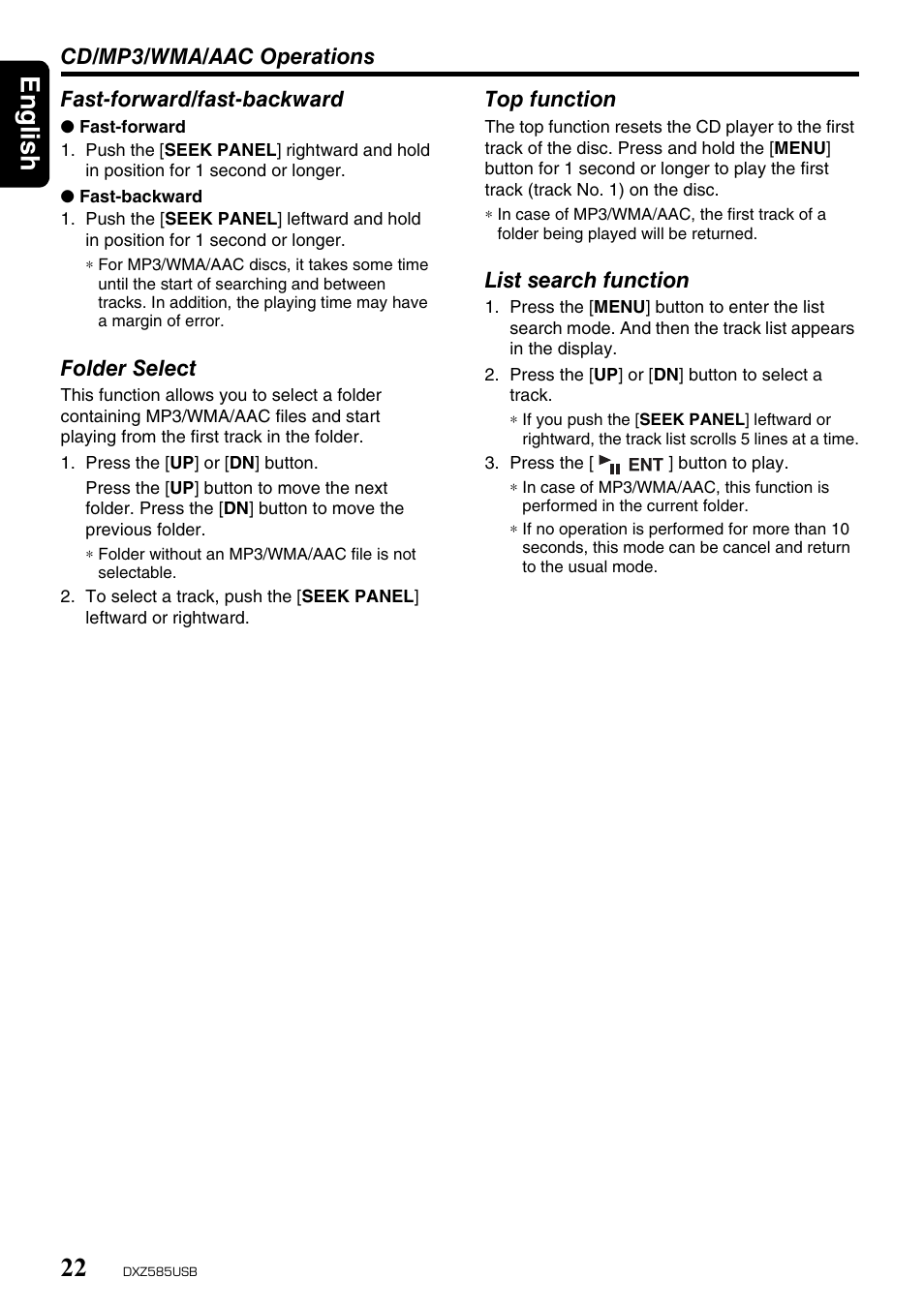 English 22 | Clarion DXZ585USB User Manual | Page 22 / 41