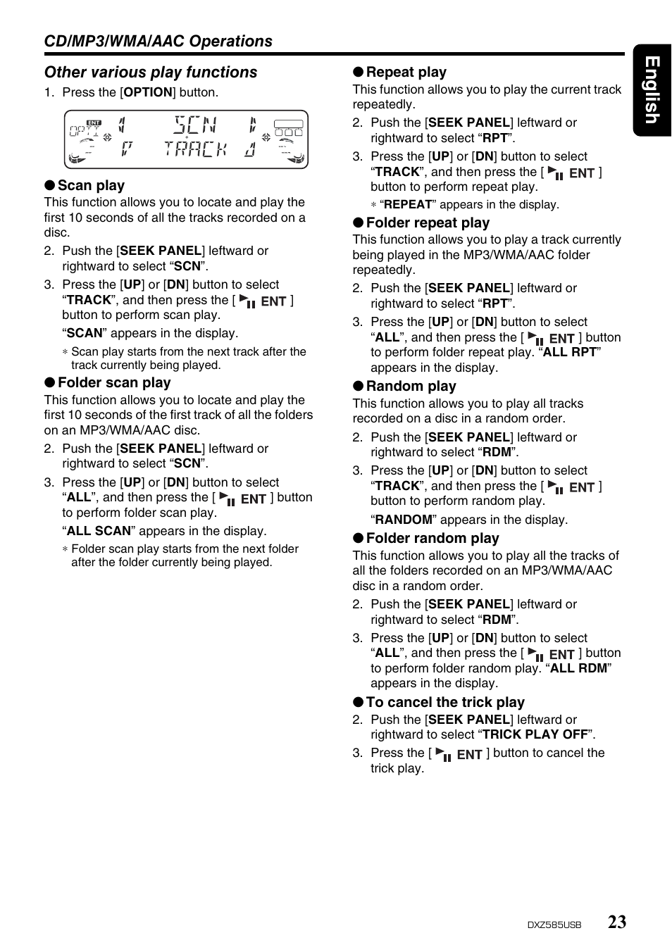 English 23, Cd/mp3/wma/aac operations, Other various play functions | Clarion DXZ585USB User Manual | Page 23 / 41