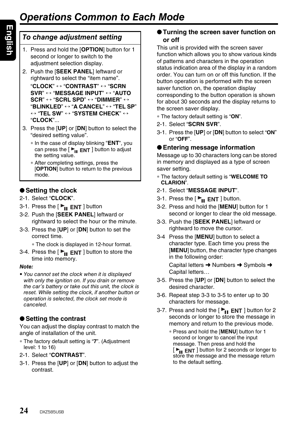 Operations common to each mode, English 24 | Clarion DXZ585USB User Manual | Page 24 / 41