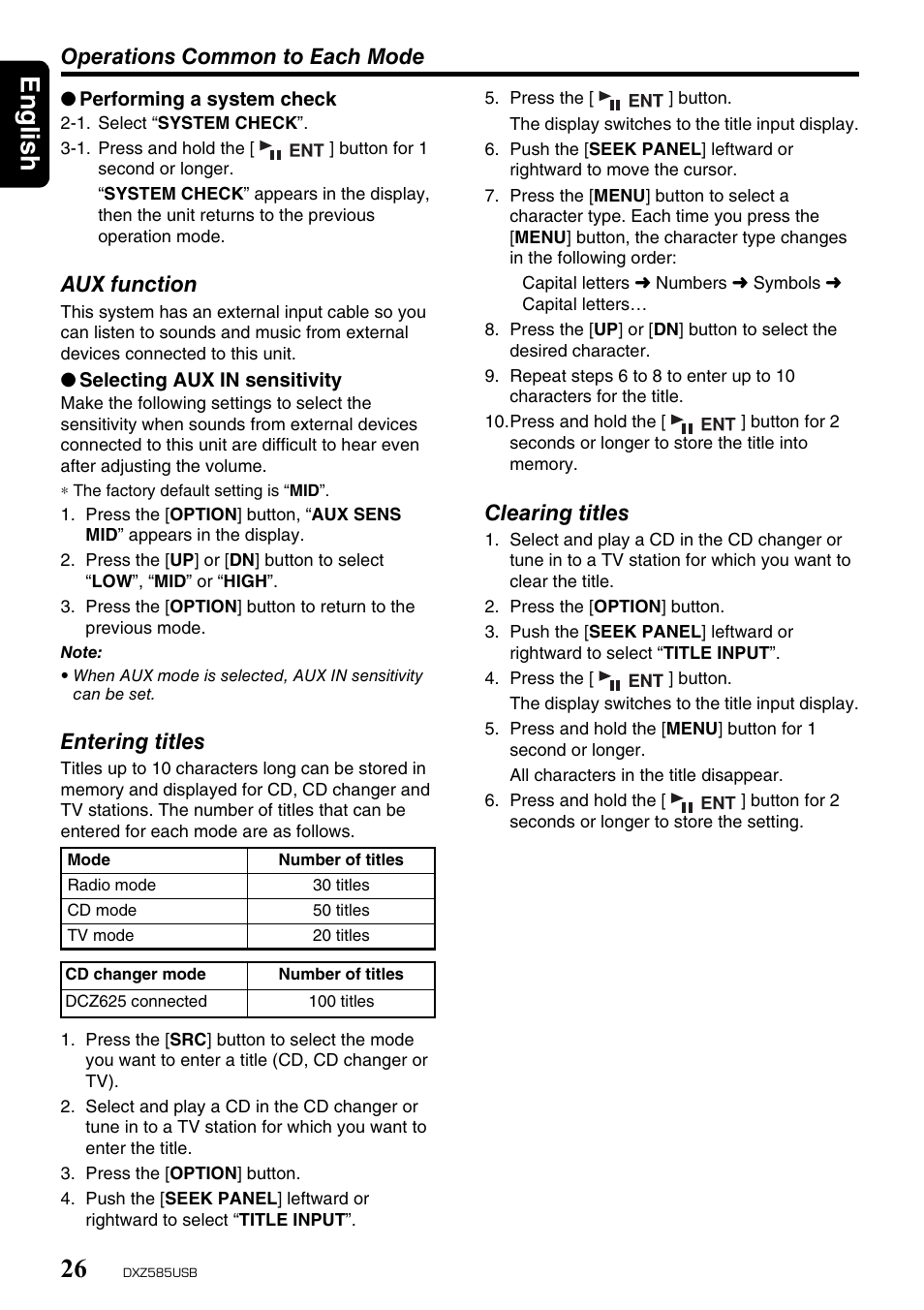 English 26, Operations common to each mode, Aux function | Entering titles, Clearing titles | Clarion DXZ585USB User Manual | Page 26 / 41