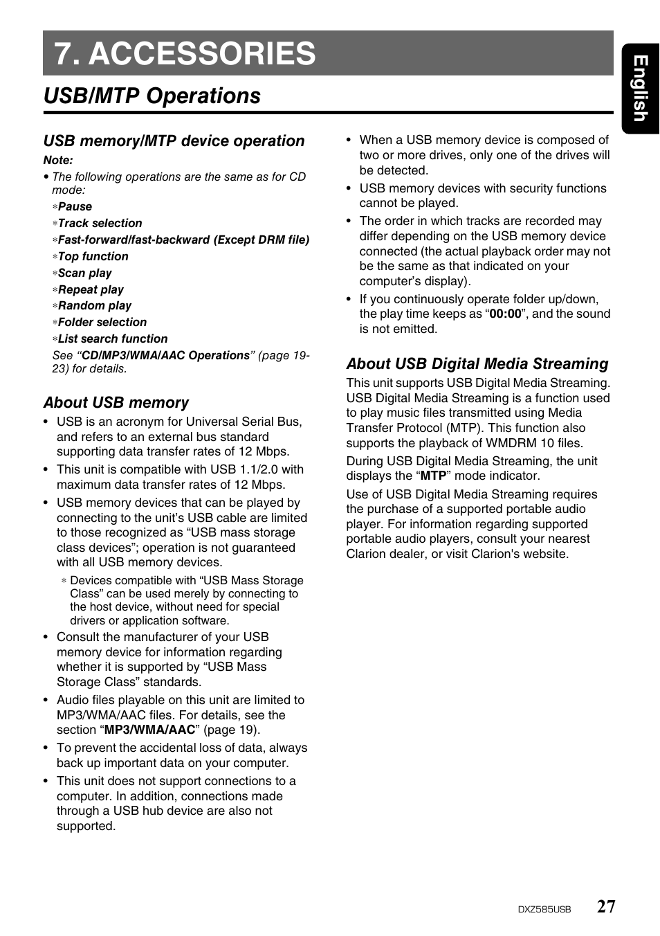 Accessories, Usb/mtp operations, English 27 | Clarion DXZ585USB User Manual | Page 27 / 41