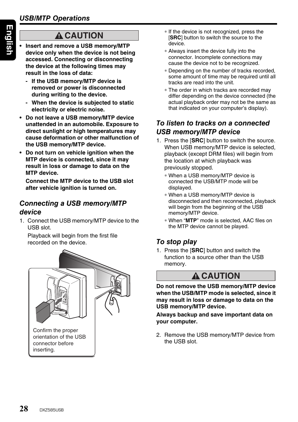 English 28, Caution | Clarion DXZ585USB User Manual | Page 28 / 41