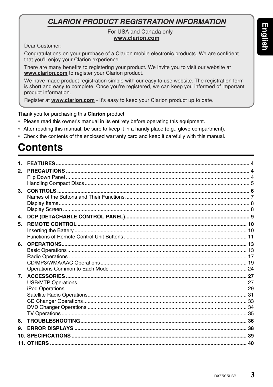 Clarion DXZ585USB User Manual | Page 3 / 41