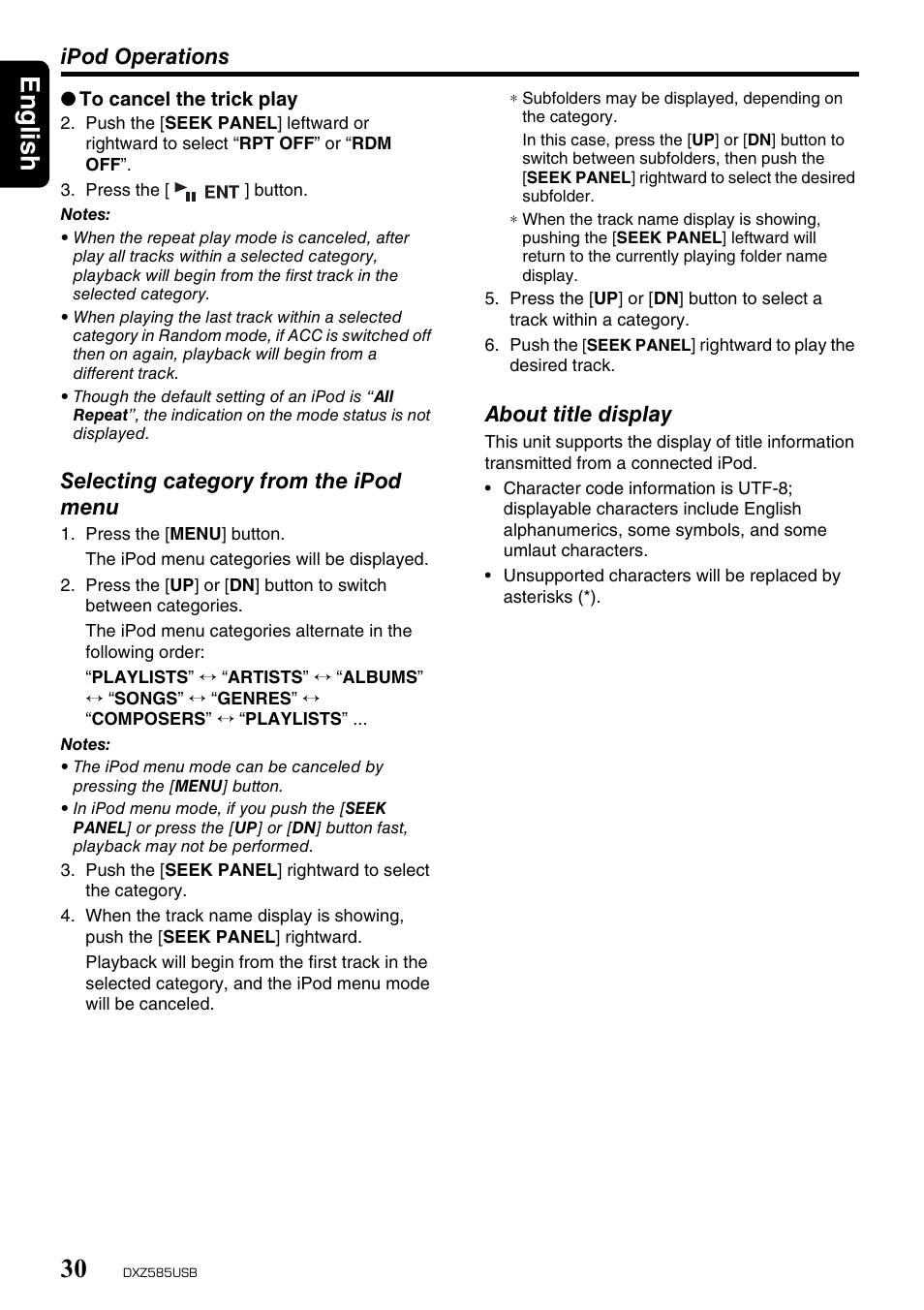 English 30, Ipod operations, Selecting category from the ipod menu | About title display | Clarion DXZ585USB User Manual | Page 30 / 41