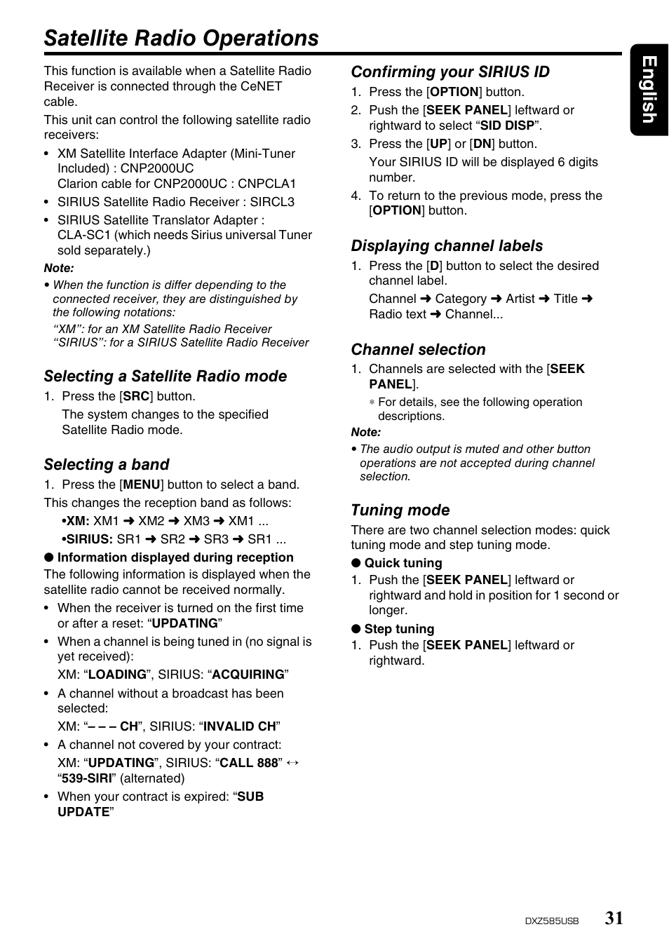 Satellite radio operations, English 31 | Clarion DXZ585USB User Manual | Page 31 / 41