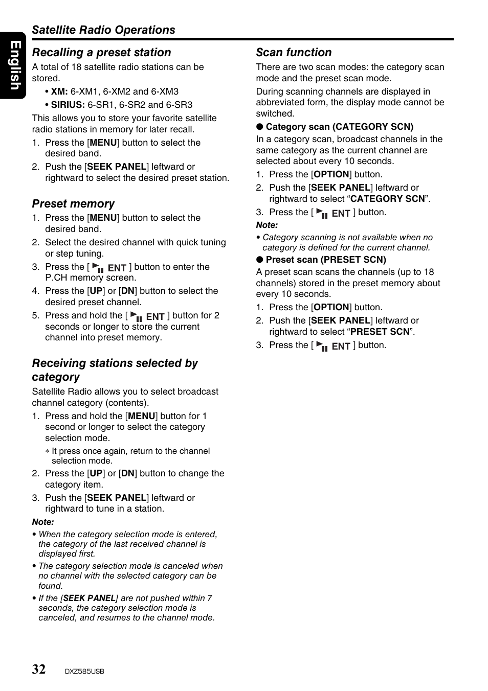 English 32, Satellite radio operations, Recalling a preset station | Receiving stations selected by category, Scan function | Clarion DXZ585USB User Manual | Page 32 / 41