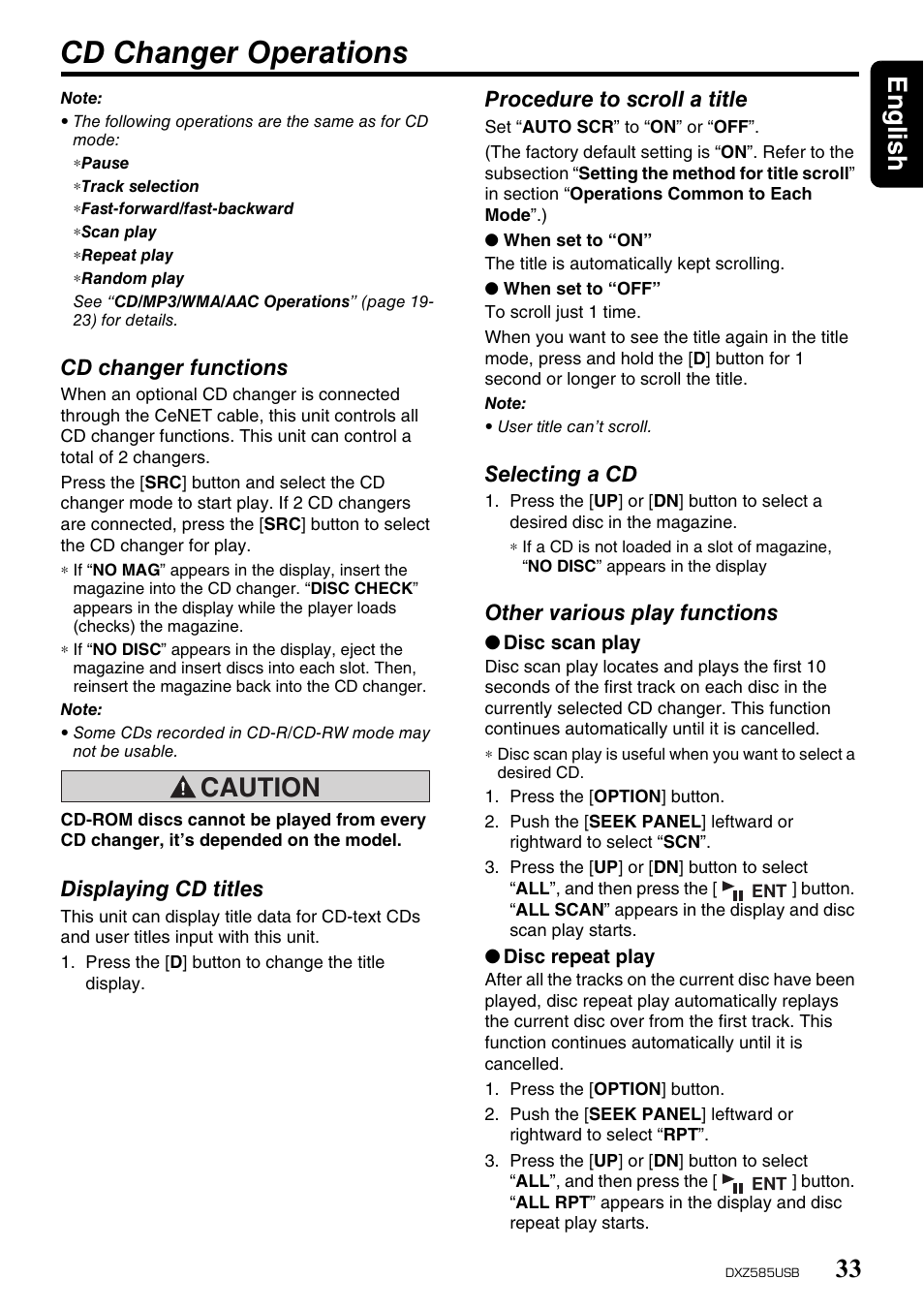 Cd changer operations, English 33, Caution | Clarion DXZ585USB User Manual | Page 33 / 41