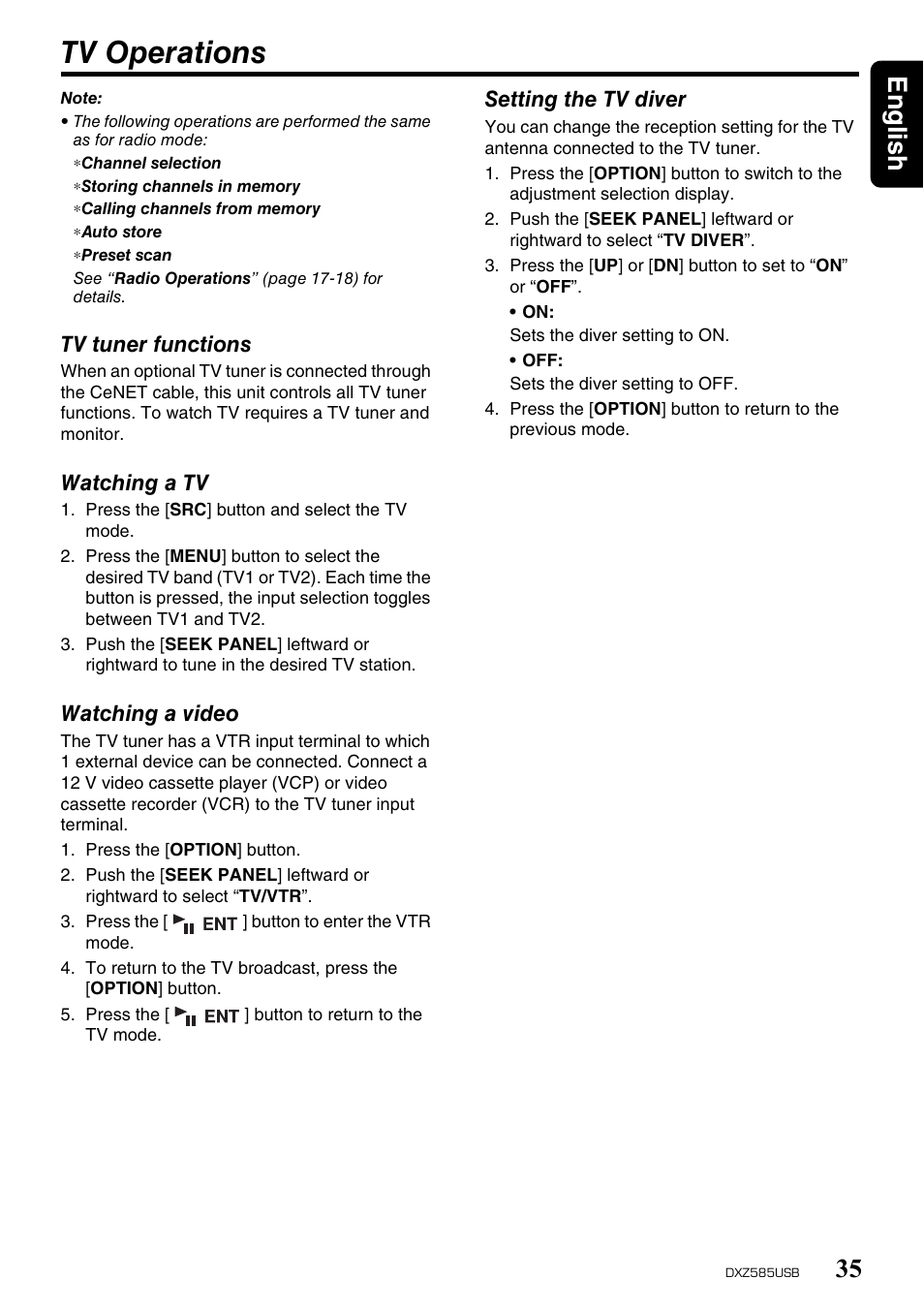 Tv operations, English 35 | Clarion DXZ585USB User Manual | Page 35 / 41