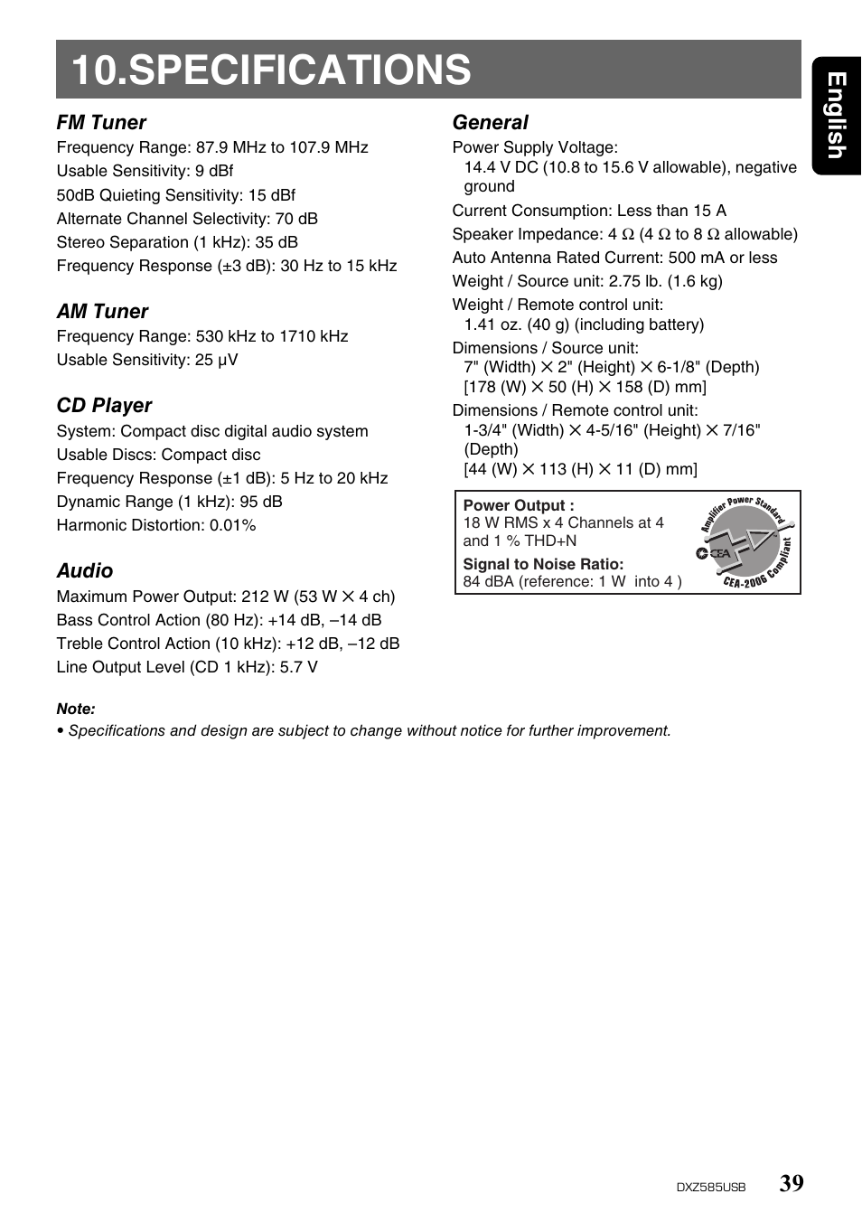Specifications, English 39 | Clarion DXZ585USB User Manual | Page 39 / 41