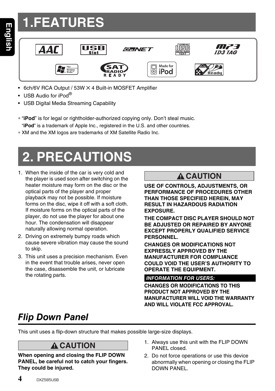 Features, Precautions, Flip down panel | English 4, Caution | Clarion DXZ585USB User Manual | Page 4 / 41