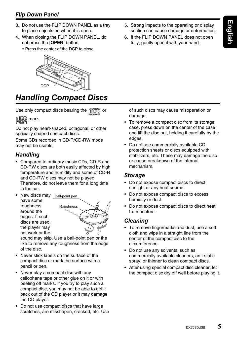 Handling compact discs, English 5 | Clarion DXZ585USB User Manual | Page 5 / 41