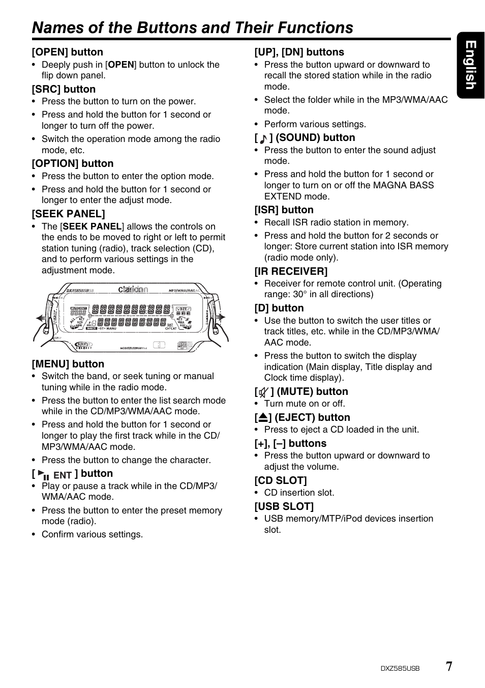 Names of the buttons and their functions, English 7 | Clarion DXZ585USB User Manual | Page 7 / 41