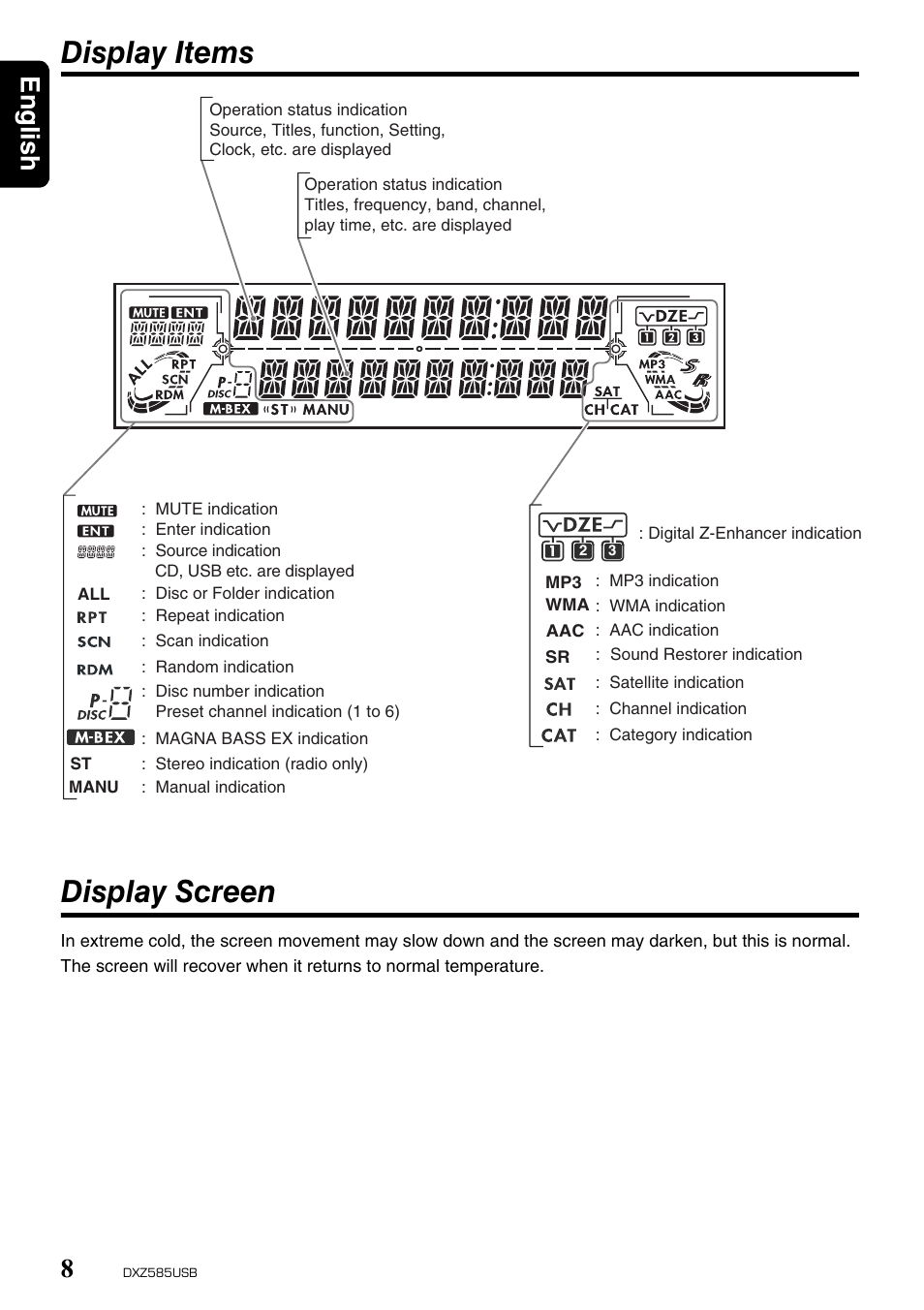 Display items display screen, English 8 | Clarion DXZ585USB User Manual | Page 8 / 41