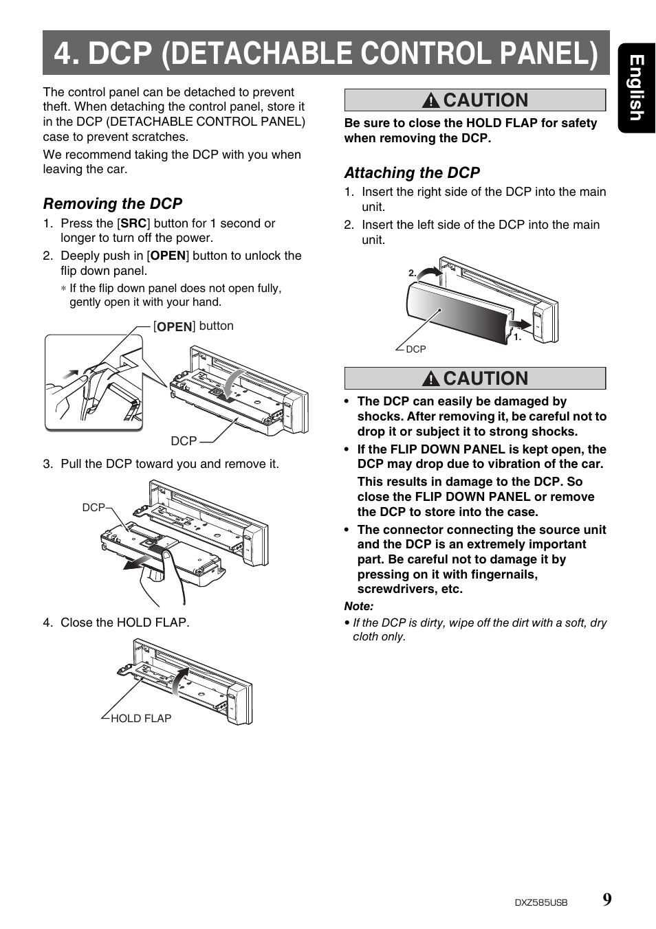 Dcp (detachable control panel), English 9, Caution | Clarion DXZ585USB User Manual | Page 9 / 41