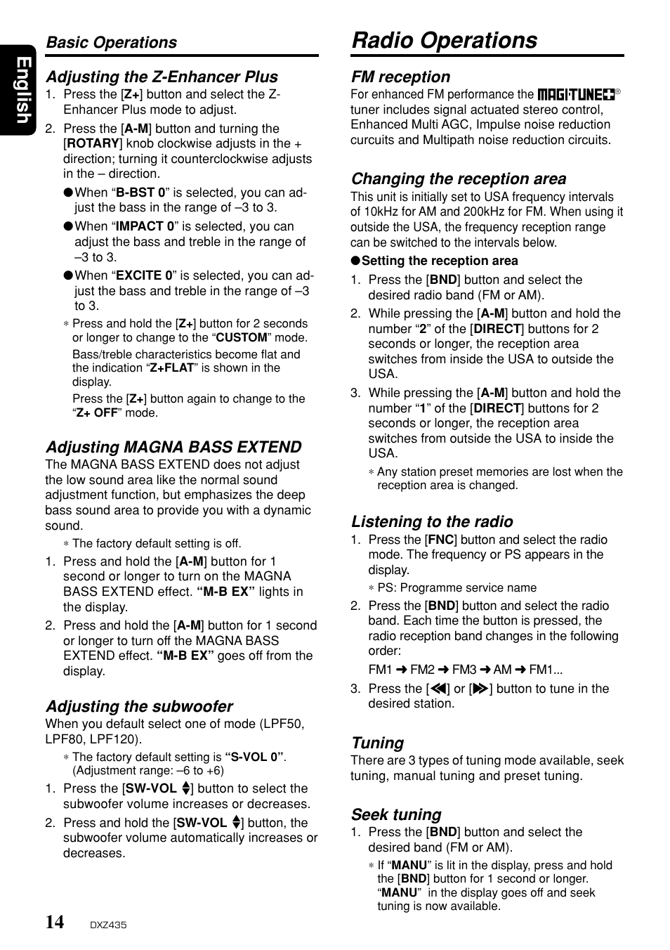 Radio operations, English, Fm reception | Changing the reception area, Listening to the radio, Tuning, Seek tuning, Basic operations adjusting the z-enhancer plus, Adjusting magna bass extend, Adjusting the subwoofer | Clarion DXZ435 User Manual | Page 10 / 76