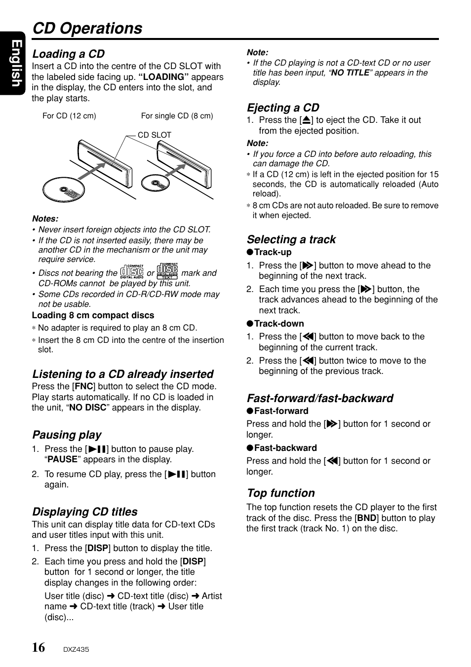 Cd operations, English, Loading a cd | Listening to a cd already inserted, Pausing play, Displaying cd titles, Ejecting a cd, Selecting a track, Fast-forward/fast-backward, Top function | Clarion DXZ435 User Manual | Page 12 / 76