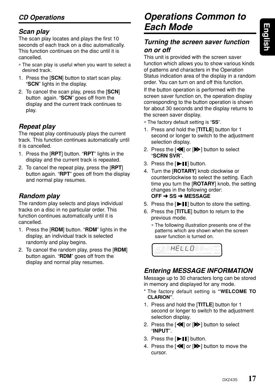 Operations common to each mode, 17 english, Cd operations scan play | Repeat play, Random play, Turning the screen saver function on or off, Entering message information | Clarion DXZ435 User Manual | Page 13 / 76