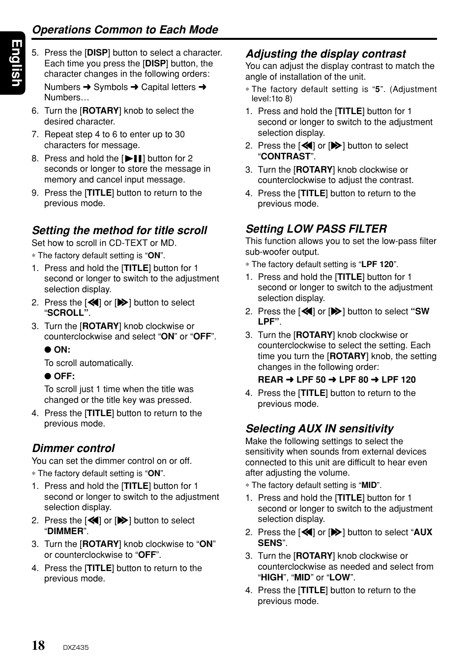 English, Operations common to each mode, Setting the method for title scroll | Dimmer control, Adjusting the display contrast, Setting low pass filter, Selecting aux in sensitivity | Clarion DXZ435 User Manual | Page 14 / 76