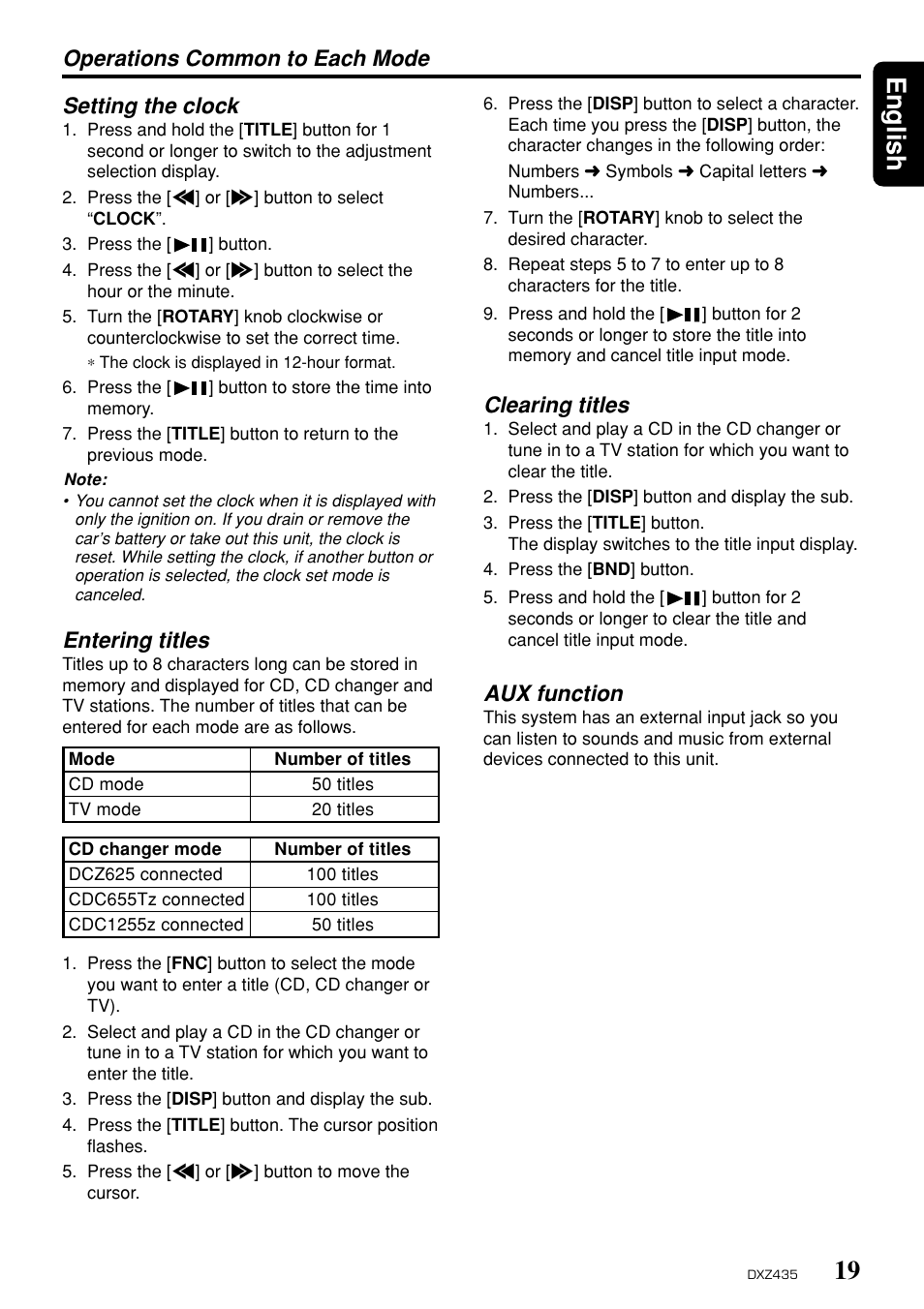 19 english, Operations common to each mode setting the clock, Entering titles | Clearing titles, Aux function | Clarion DXZ435 User Manual | Page 15 / 76
