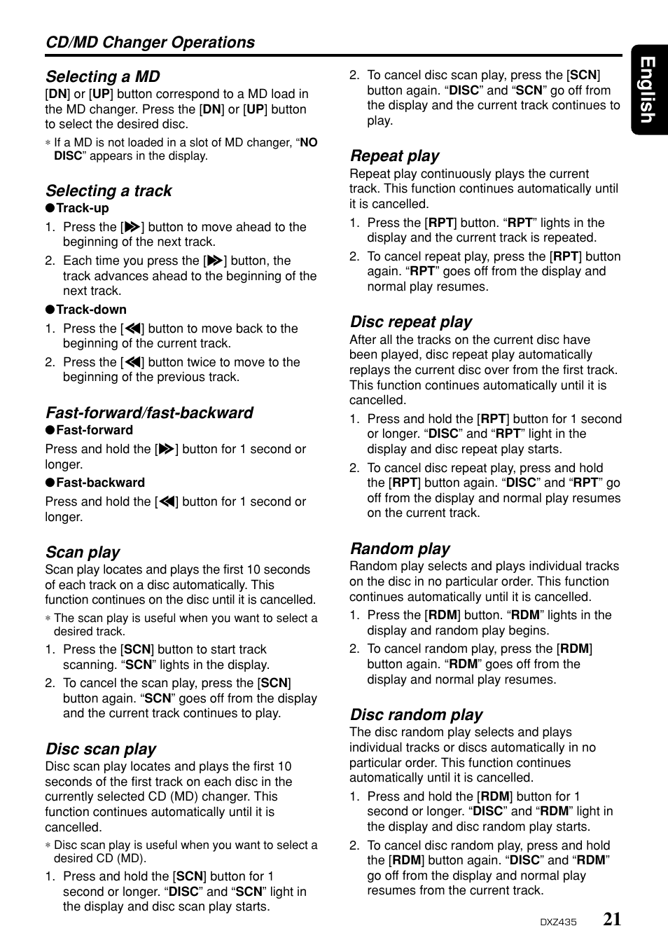 21 english, Cd/md changer operations selecting a md, Selecting a track | Fast-forward/fast-backward, Scan play, Disc scan play, Repeat play, Disc repeat play, Random play, Disc random play | Clarion DXZ435 User Manual | Page 17 / 76