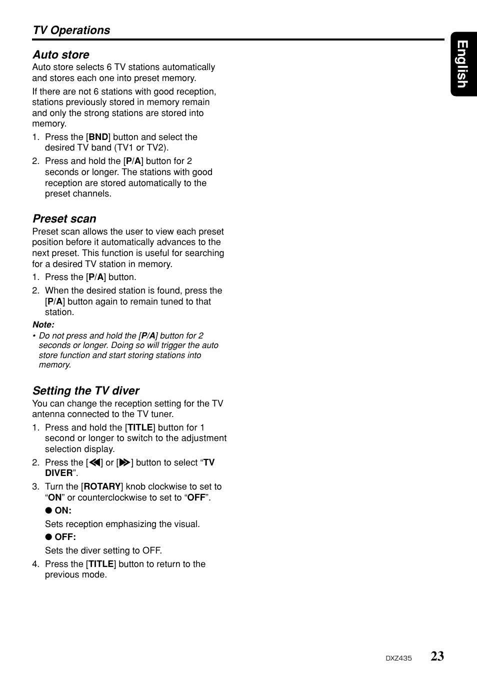 23 english, Auto store, Preset scan | Setting the tv diver, Tv operations | Clarion DXZ435 User Manual | Page 19 / 76