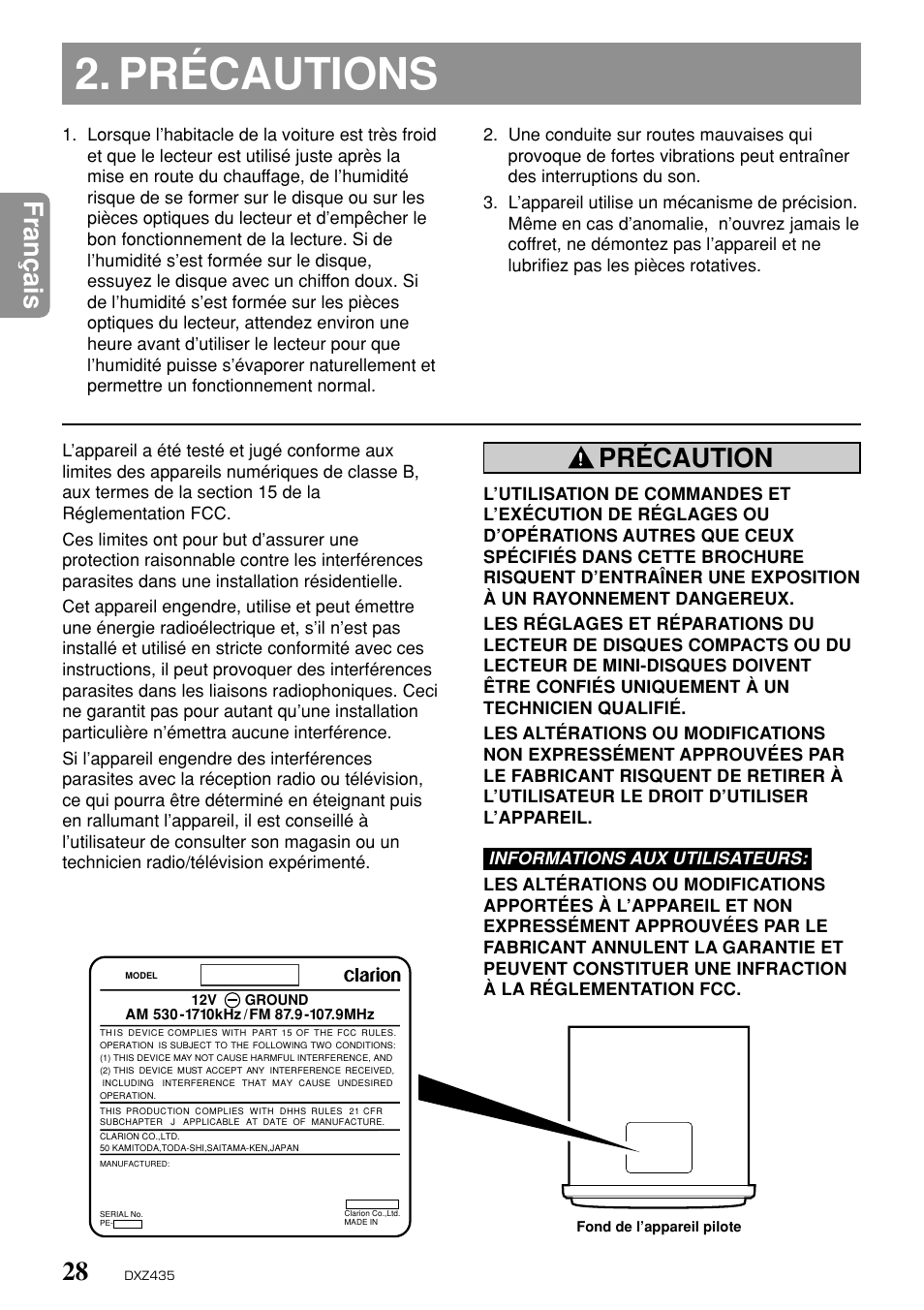 Précautions, Français, Précaution | Clarion DXZ435 User Manual | Page 24 / 76