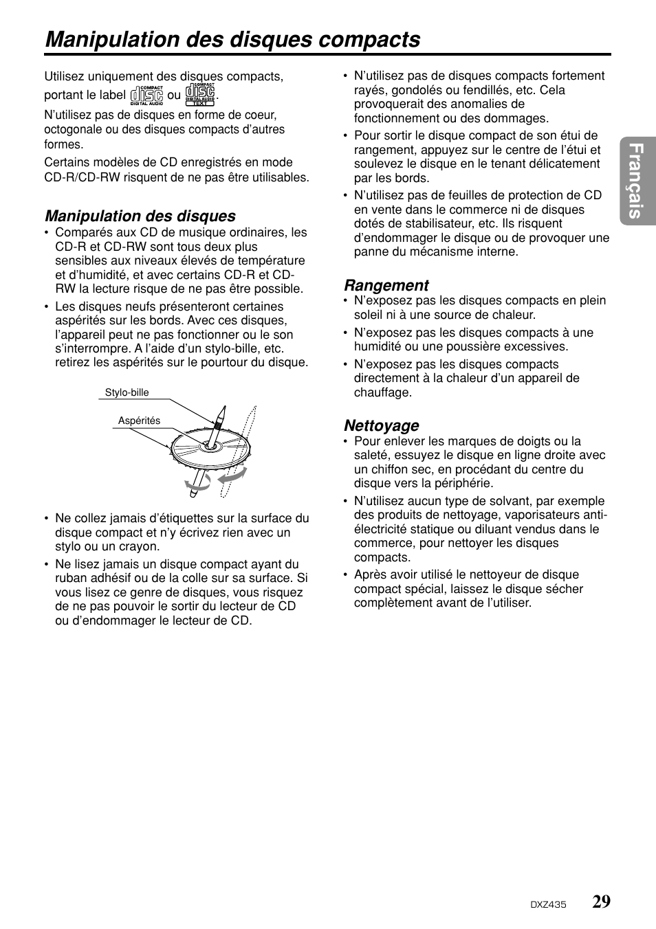Manipulation des disques compacts, 29 fran ç ais, Manipulation des disques | Rangement, Nettoyage | Clarion DXZ435 User Manual | Page 25 / 76