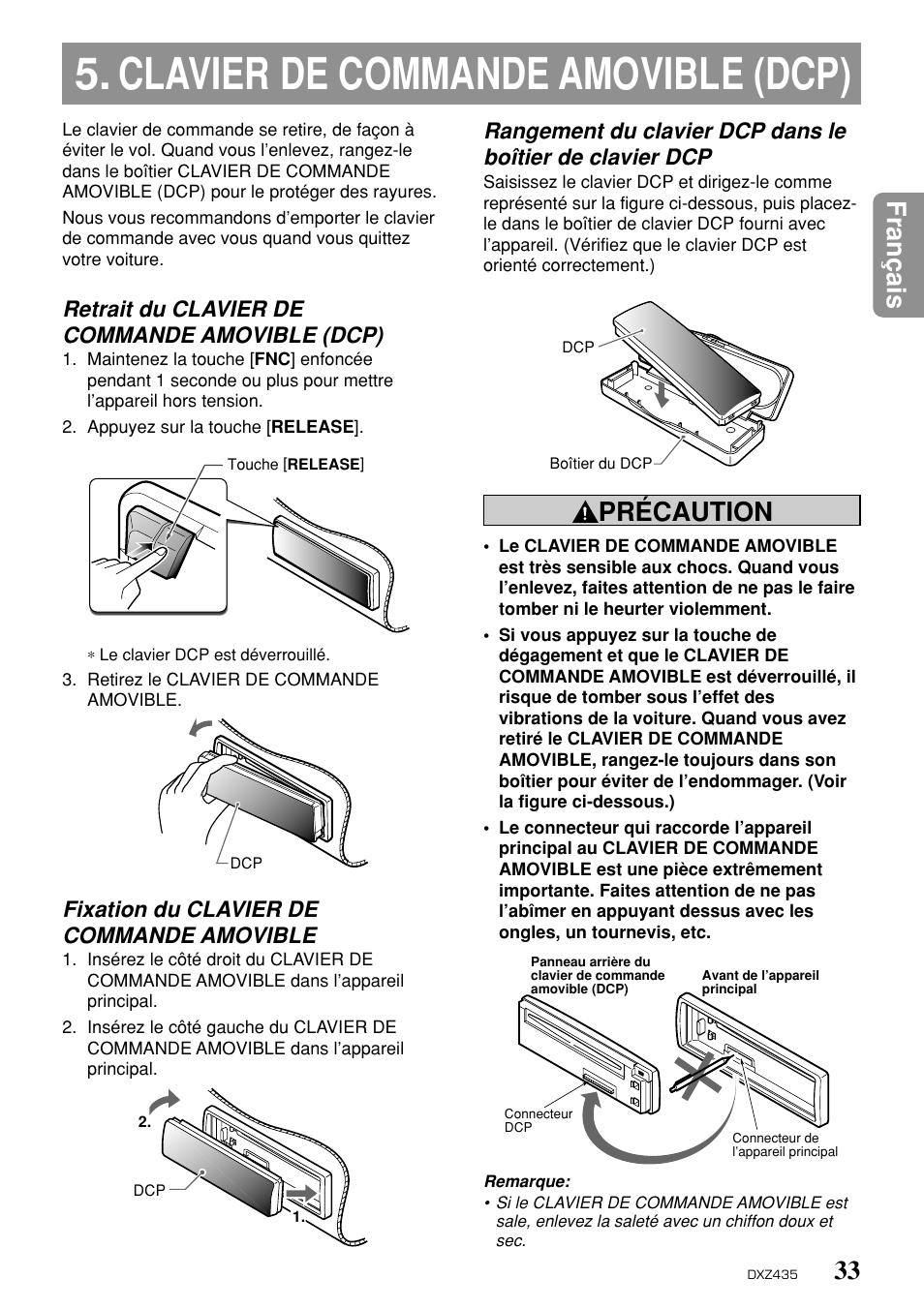 Clavier de commande amovible (dcp), 33 fran ç ais, Précaution | Retrait du clavier de commande amovible (dcp), Fixation du clavier de commande amovible | Clarion DXZ435 User Manual | Page 29 / 76