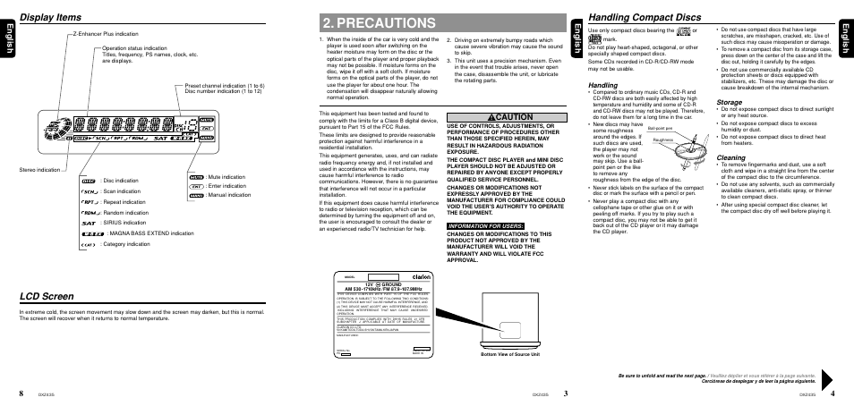 Precautions, Handling compact discs, Lcd screen | Display items, 4english english english, Caution, Handling, Storage, Cleaning | Clarion DXZ435 User Manual | Page 3 / 76