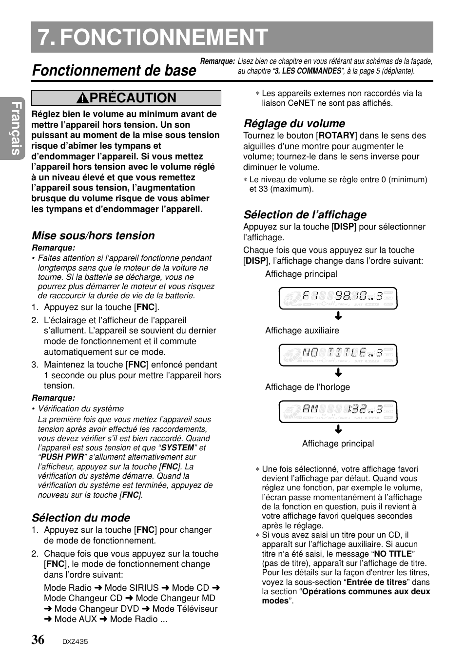 Fonctionnement, Fonctionnement de base, Fran ç ais | Précaution | Clarion DXZ435 User Manual | Page 32 / 76