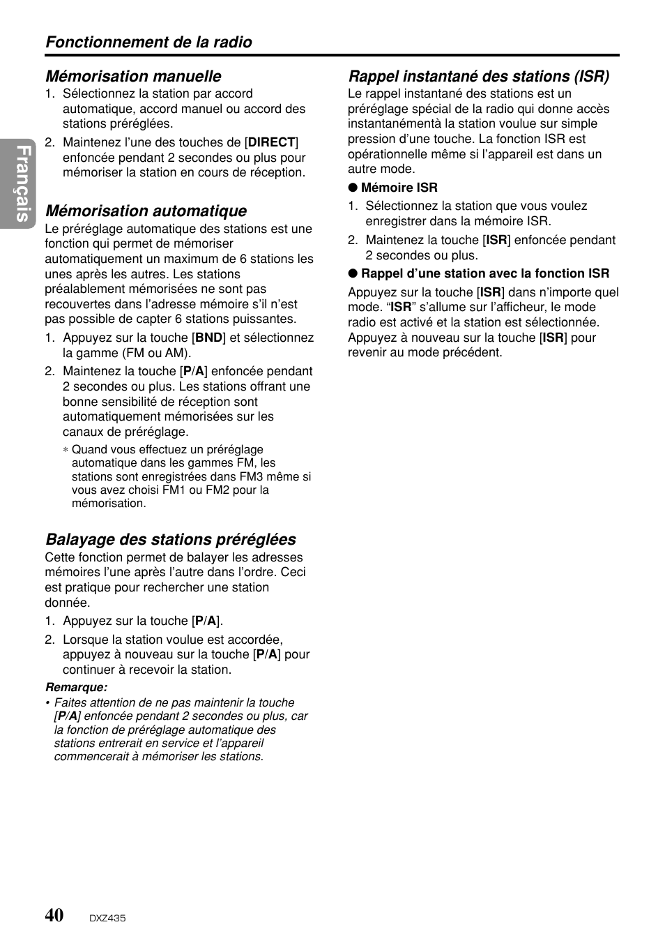 Fran ç ais | Clarion DXZ435 User Manual | Page 36 / 76