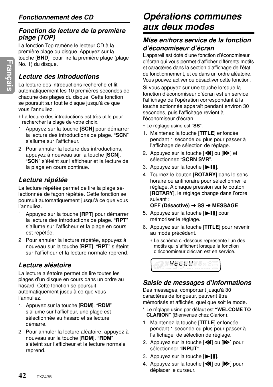 Opérations communes aux deux modes, Fran ç ais, Fonction de lecture de la première plage (top) | Lecture des introductions, Lecture répétée, Lecture aléatoire, Saisie de messages d’informations | Clarion DXZ435 User Manual | Page 38 / 76