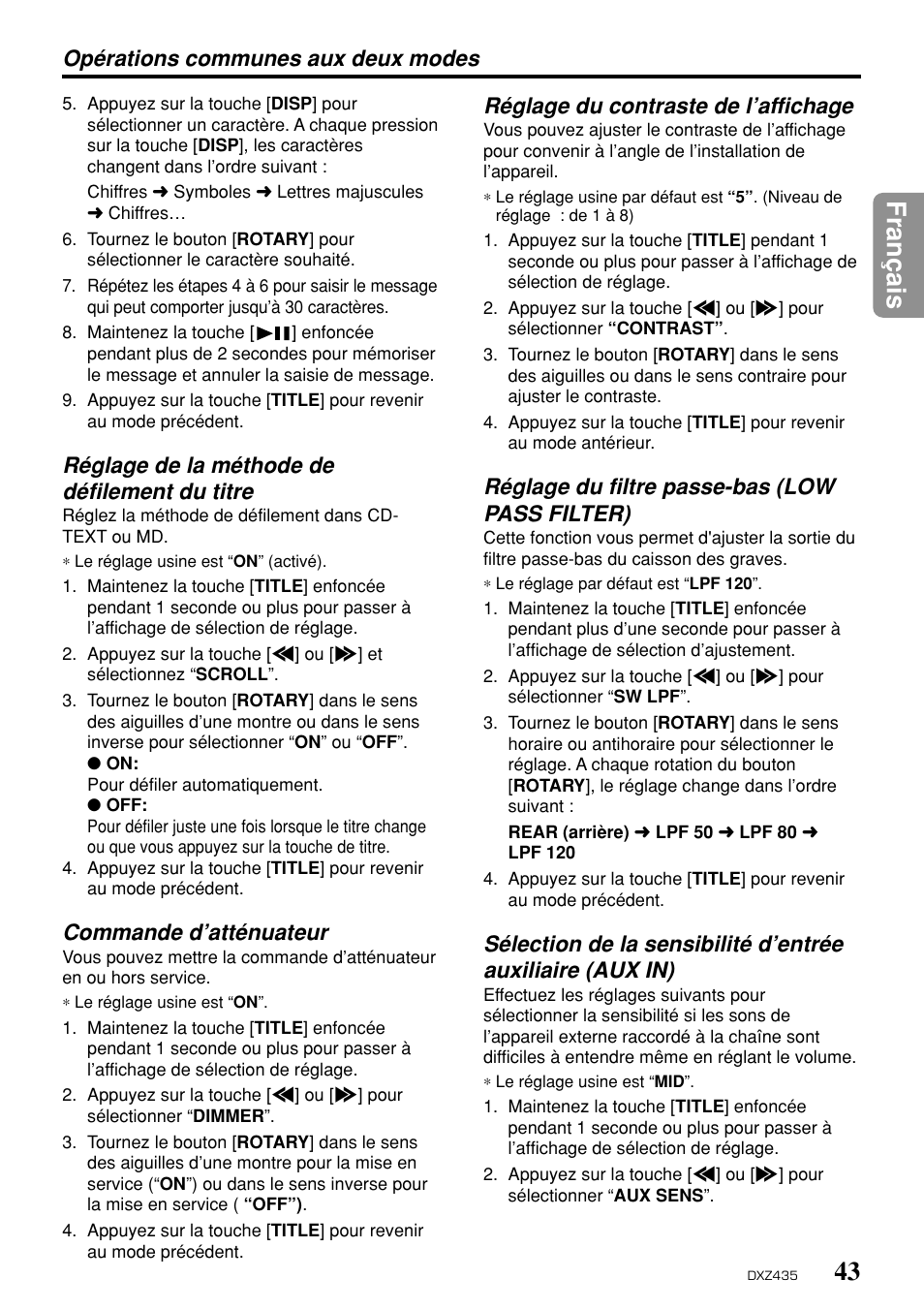 43 fran ç ais, Réglage de la méthode de défilement du titre, Commande d’atténuateur | Réglage du filtre passe-bas (low pass filter) | Clarion DXZ435 User Manual | Page 39 / 76