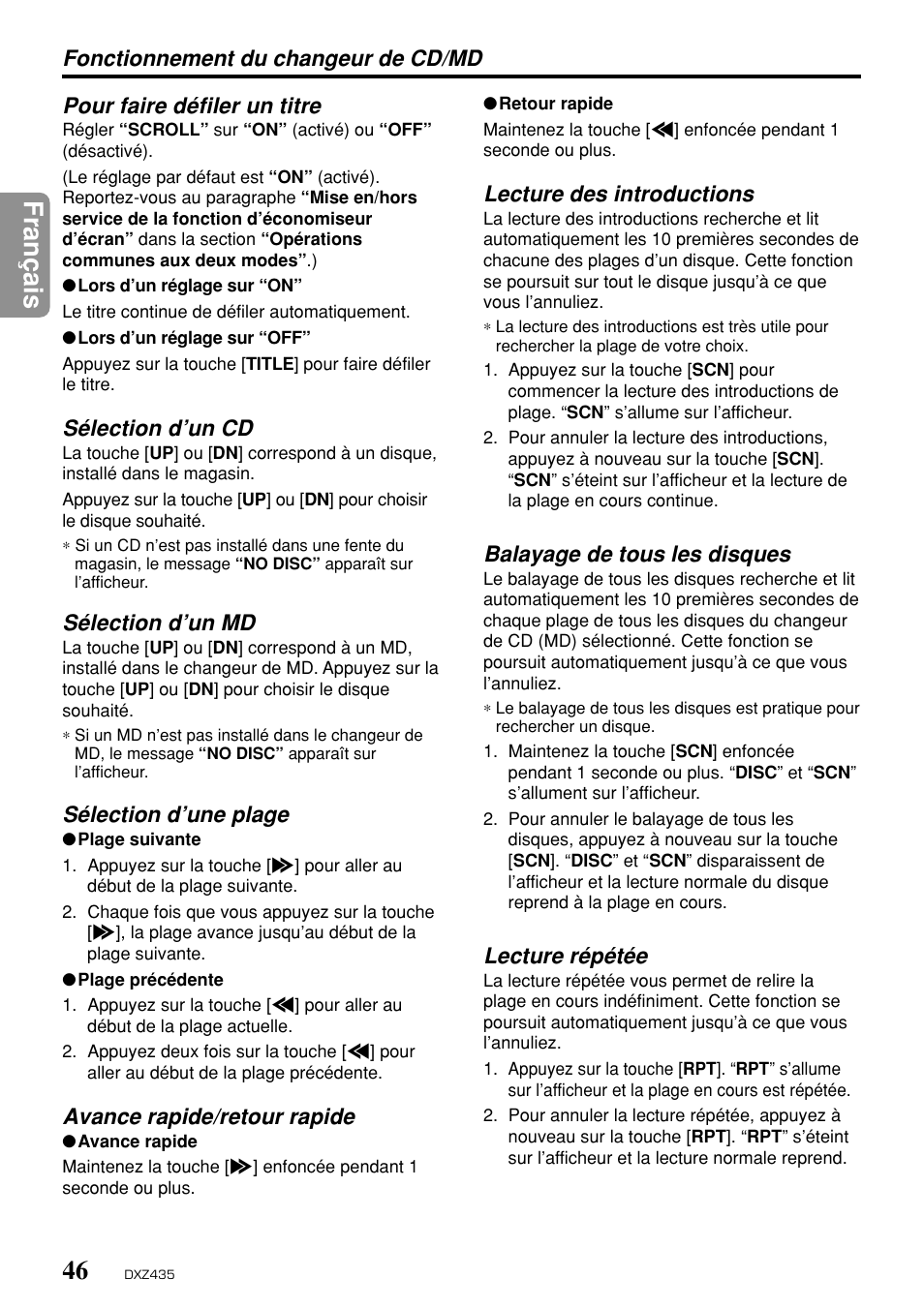 Fran ç ais, Sélection d’un cd, Sélection d’un md | Sélection d’une plage, Avance rapide/retour rapide, Lecture des introductions, Balayage de tous les disques, Lecture répétée | Clarion DXZ435 User Manual | Page 42 / 76