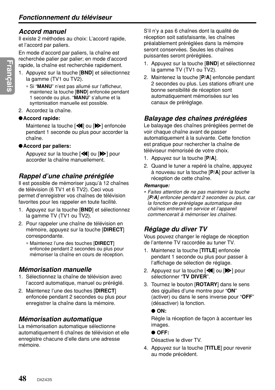 Fran ç ais, Accord manuel, Rappel d’une chaîne préréglée | Mémorisation manuelle, Mémorisation automatique, Balayage des chaînes préréglées, Réglage du diver tv, Fonctionnement du téléviseur | Clarion DXZ435 User Manual | Page 44 / 76