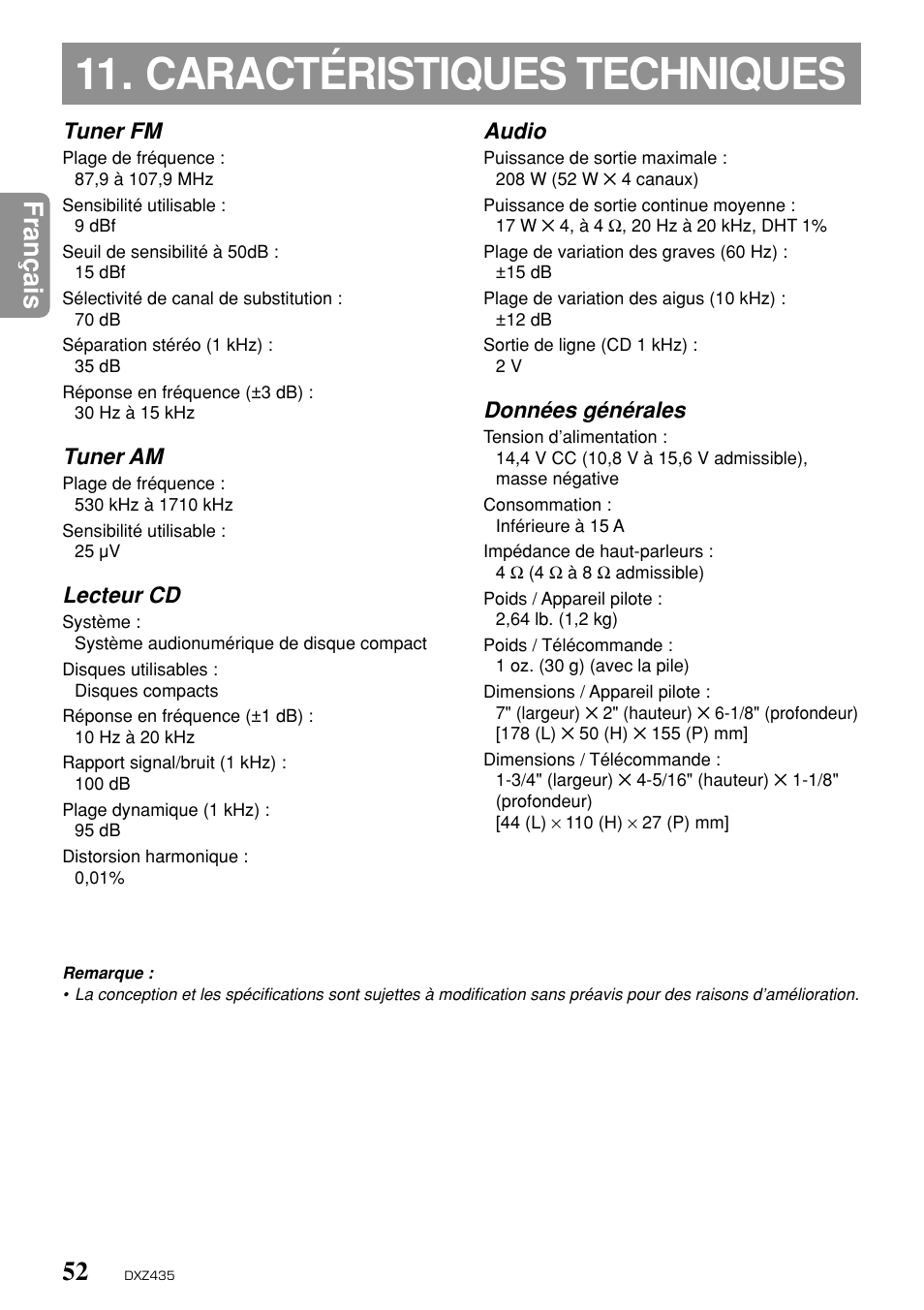 Caractéristiques techniques, Fran ç ais, Tuner fm | Tuner am, Lecteur cd, Audio, Données générales | Clarion DXZ435 User Manual | Page 48 / 76