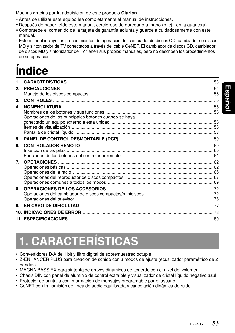 Índice, Características, 53 español | Clarion DXZ435 User Manual | Page 49 / 76