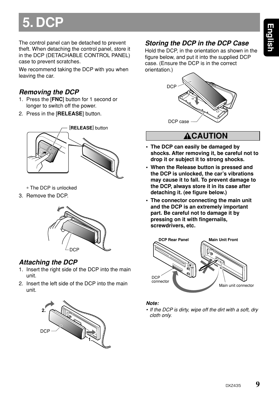 9english, Caution, Removing the dcp | Attaching the dcp, Storing the dcp in the dcp case | Clarion DXZ435 User Manual | Page 5 / 76